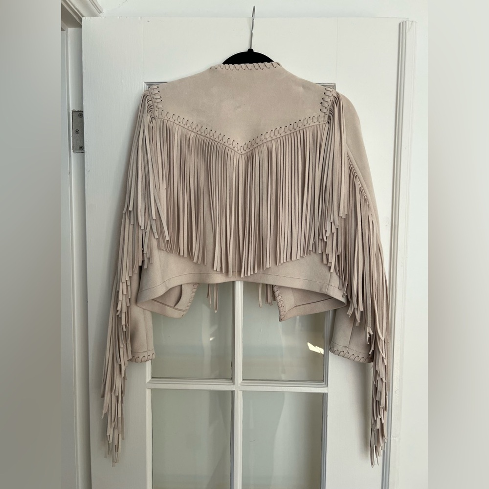 Zara Woman Beige Faux Suede Fringe Crop Jacket - Picture 2 of 3